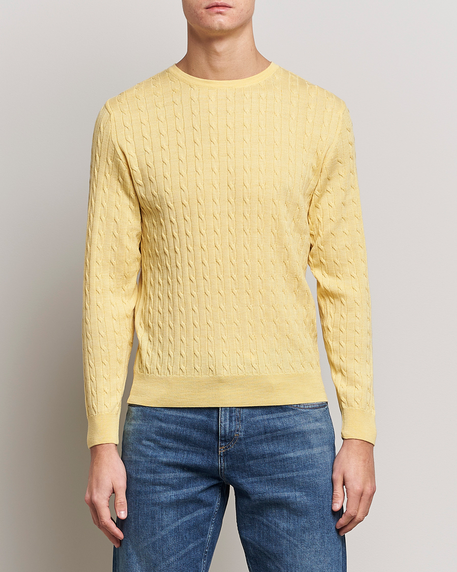 Herren | Pullover | Stenströms | Merino Cable Crew Neck Yellow
