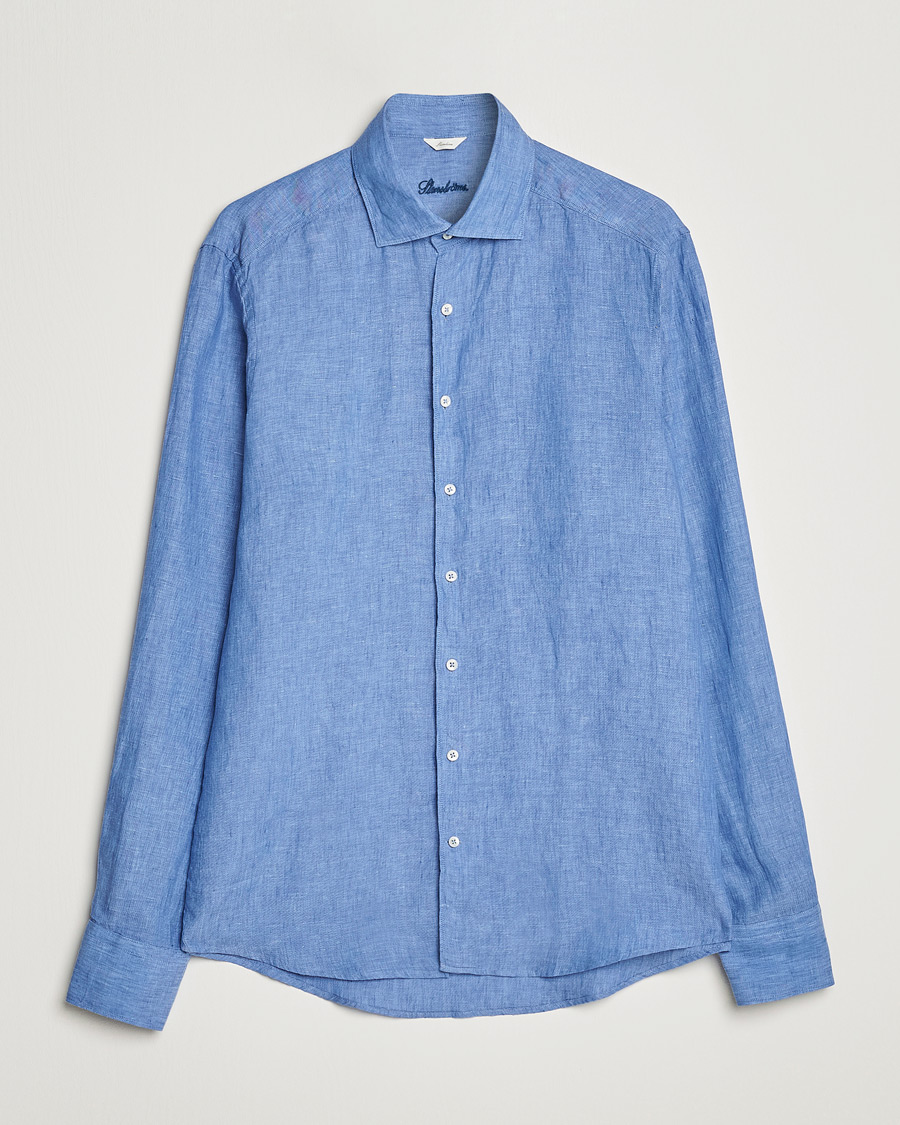 Herren | Hemden | Stenströms | Slimline Cut Away Linen Shirt Mid Blue