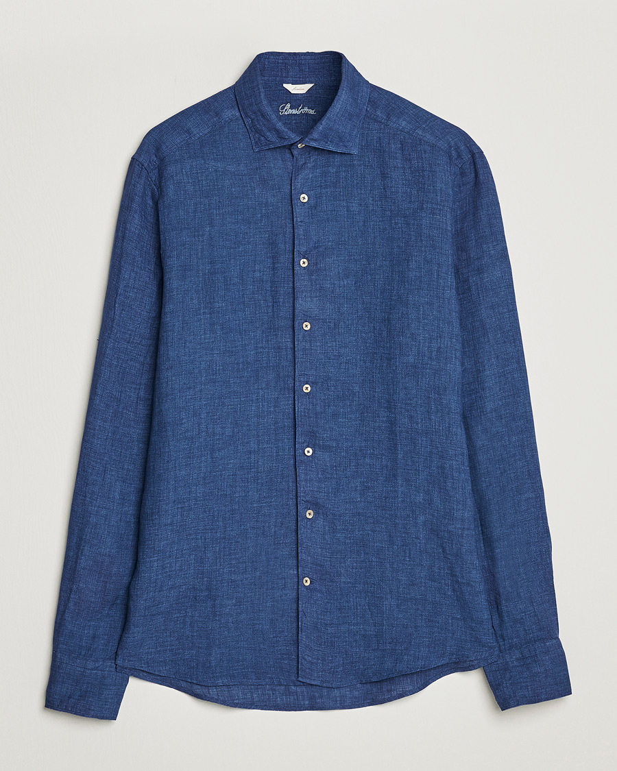 Herren | Hemden | Stenströms | Slimline Cut Away Linen Shirt Dark Blue