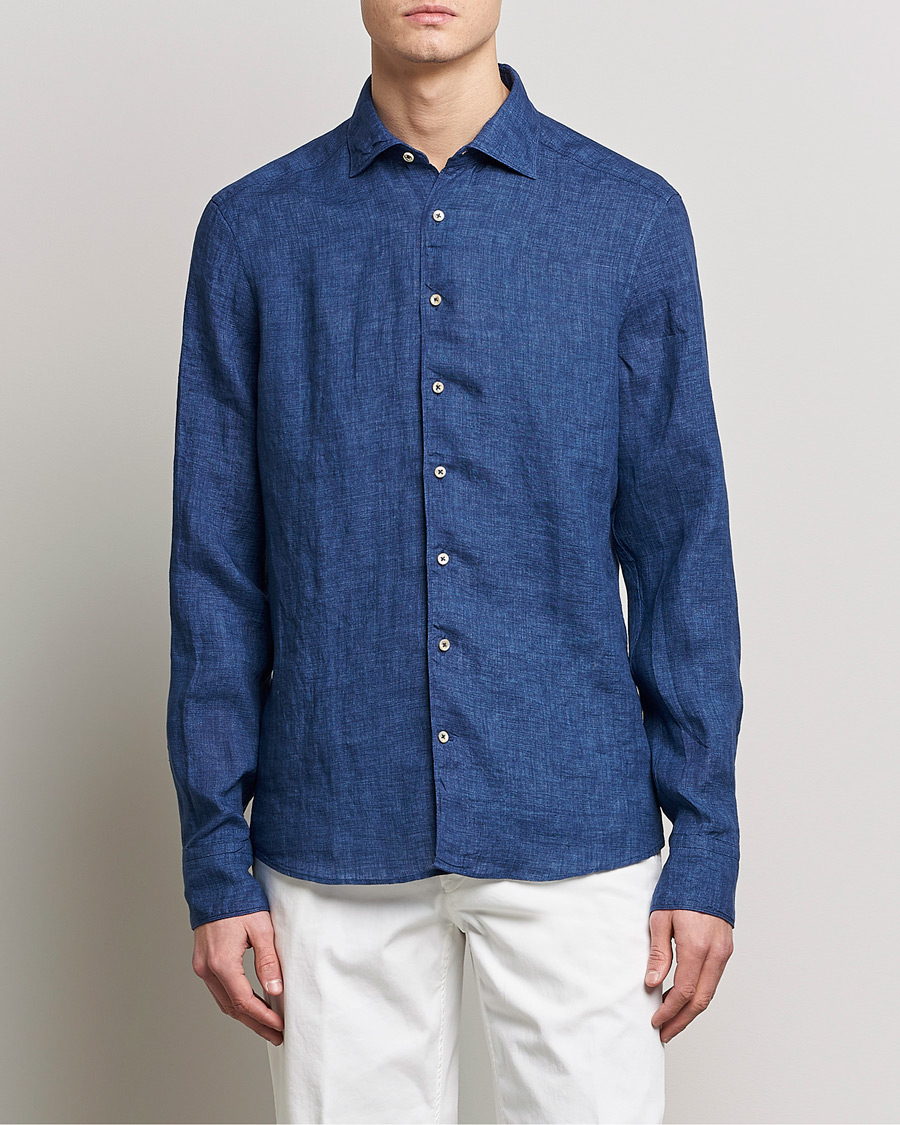 Herren | Hemden | Stenströms | Slimline Cut Away Linen Shirt Dark Blue
