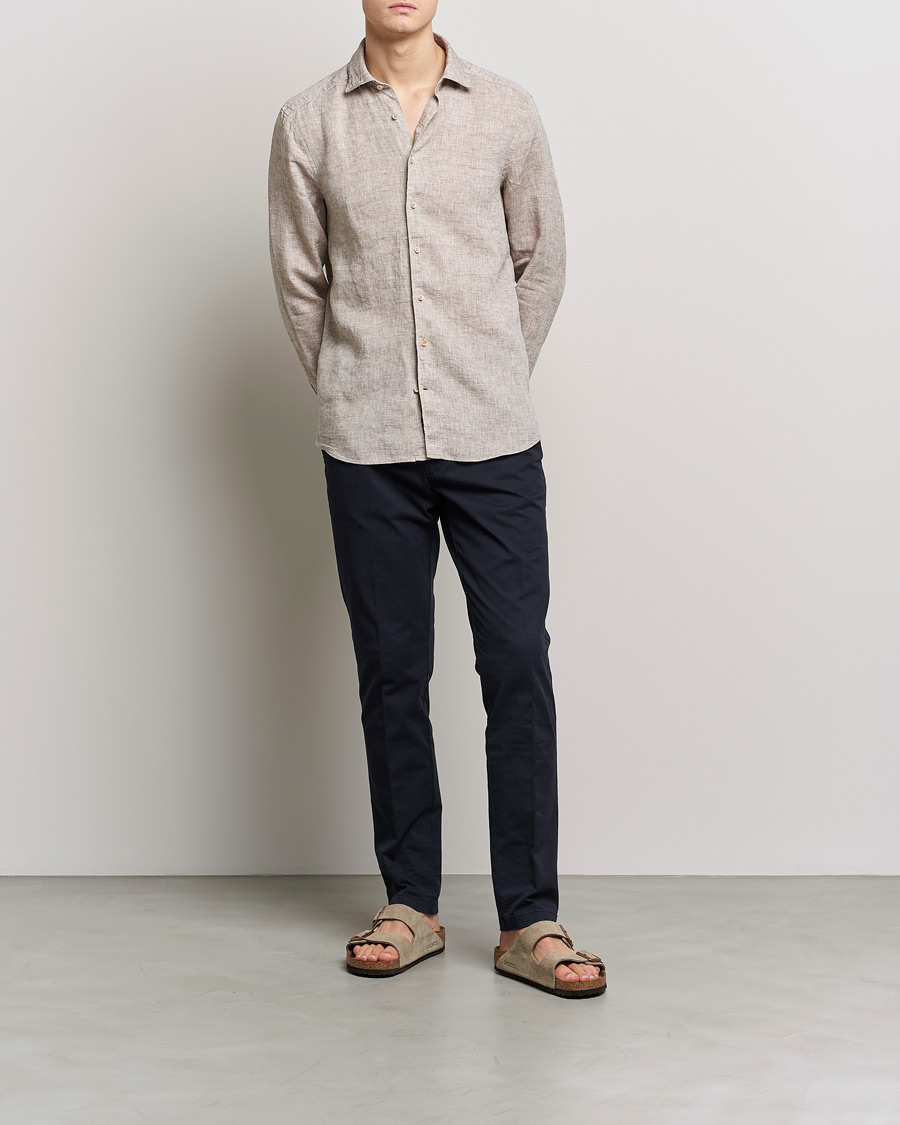 Herren | Hemden | Stenströms | Slimline Cut Away Linen Shirt Light Brown