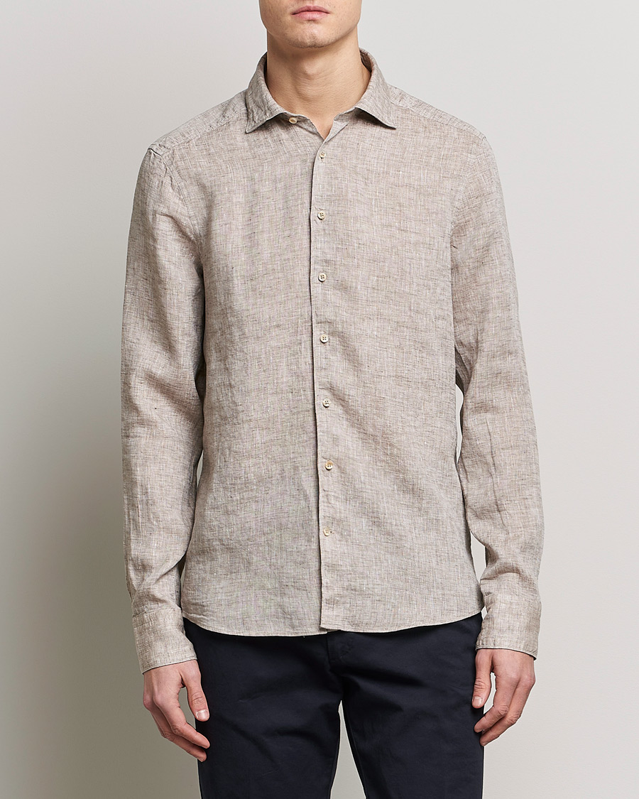 Herren | Hemden | Stenströms | Slimline Cut Away Linen Shirt Light Brown