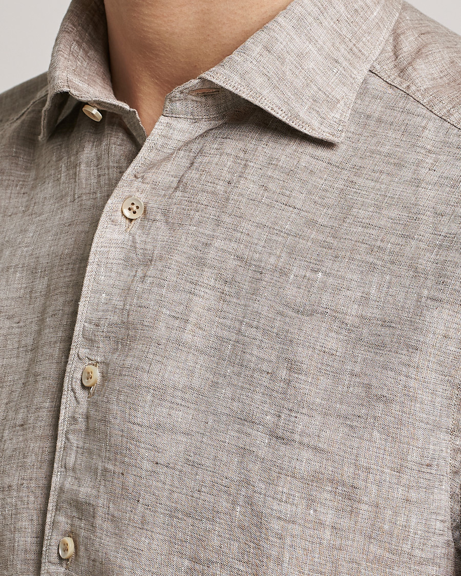 Herren | Hemden | Stenströms | Slimline Cut Away Linen Shirt Light Brown