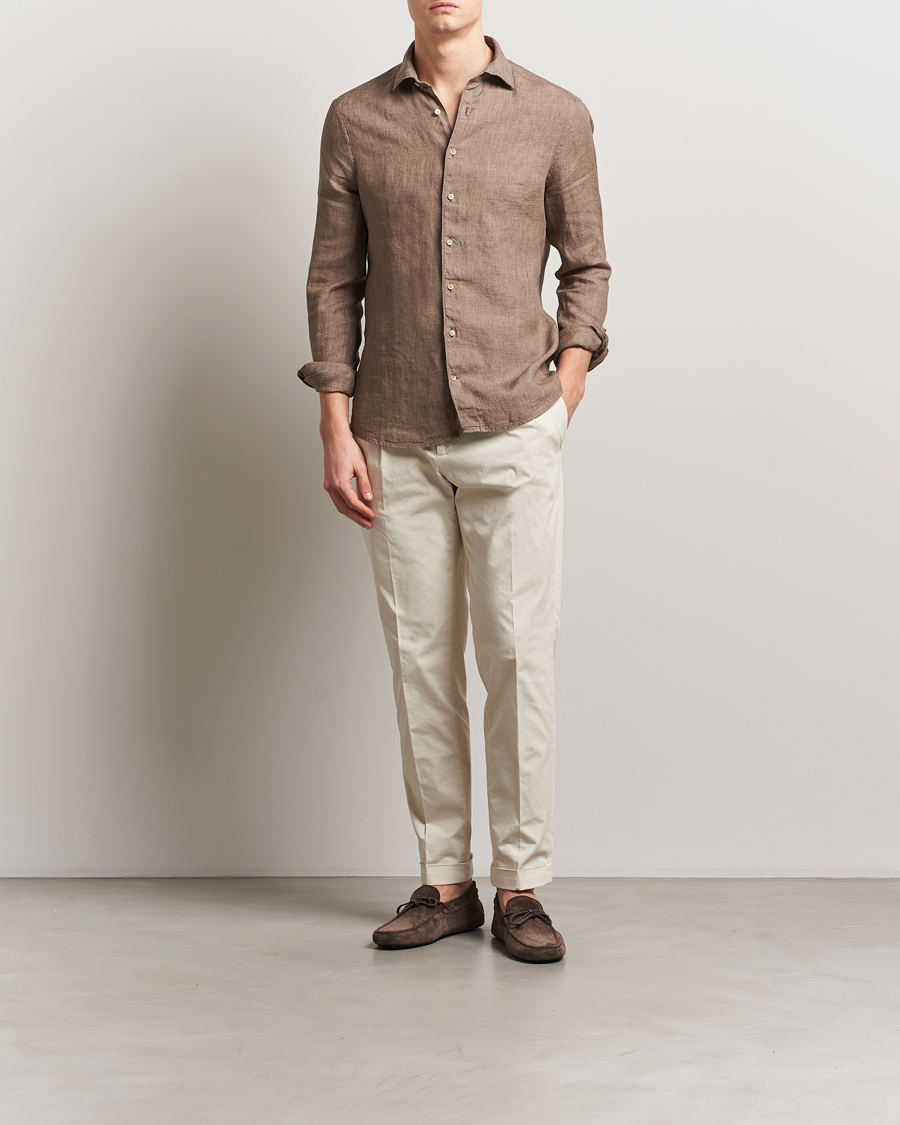 Herren | Hemden | Stenströms | Slimline Cut Away Linen Shirt Brown