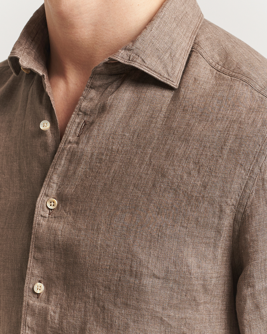Herren | Hemden | Stenströms | Slimline Cut Away Linen Shirt Brown