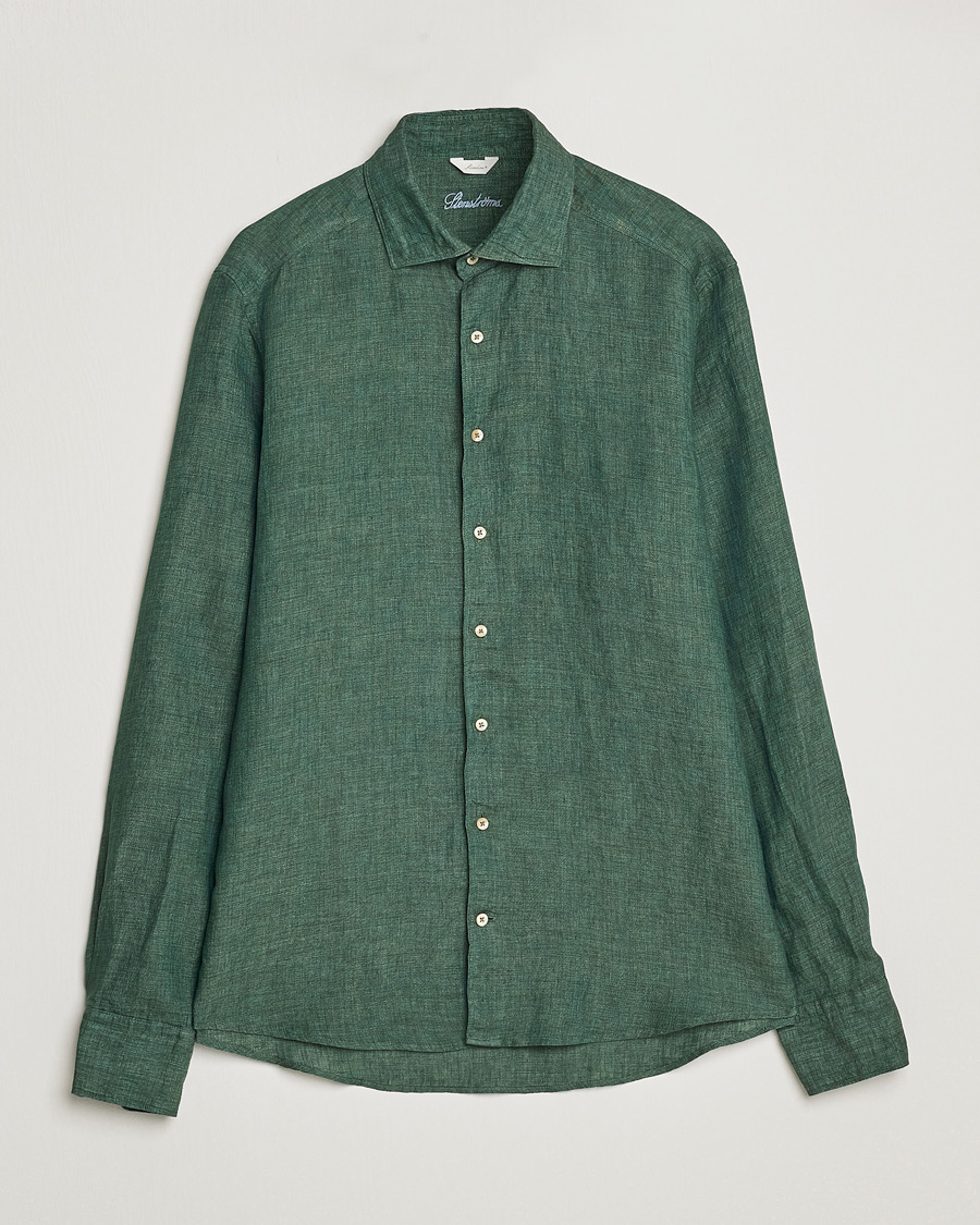 Herren | Hemden | Stenströms | Slimline Cut Away Linen Shirt Dark Green