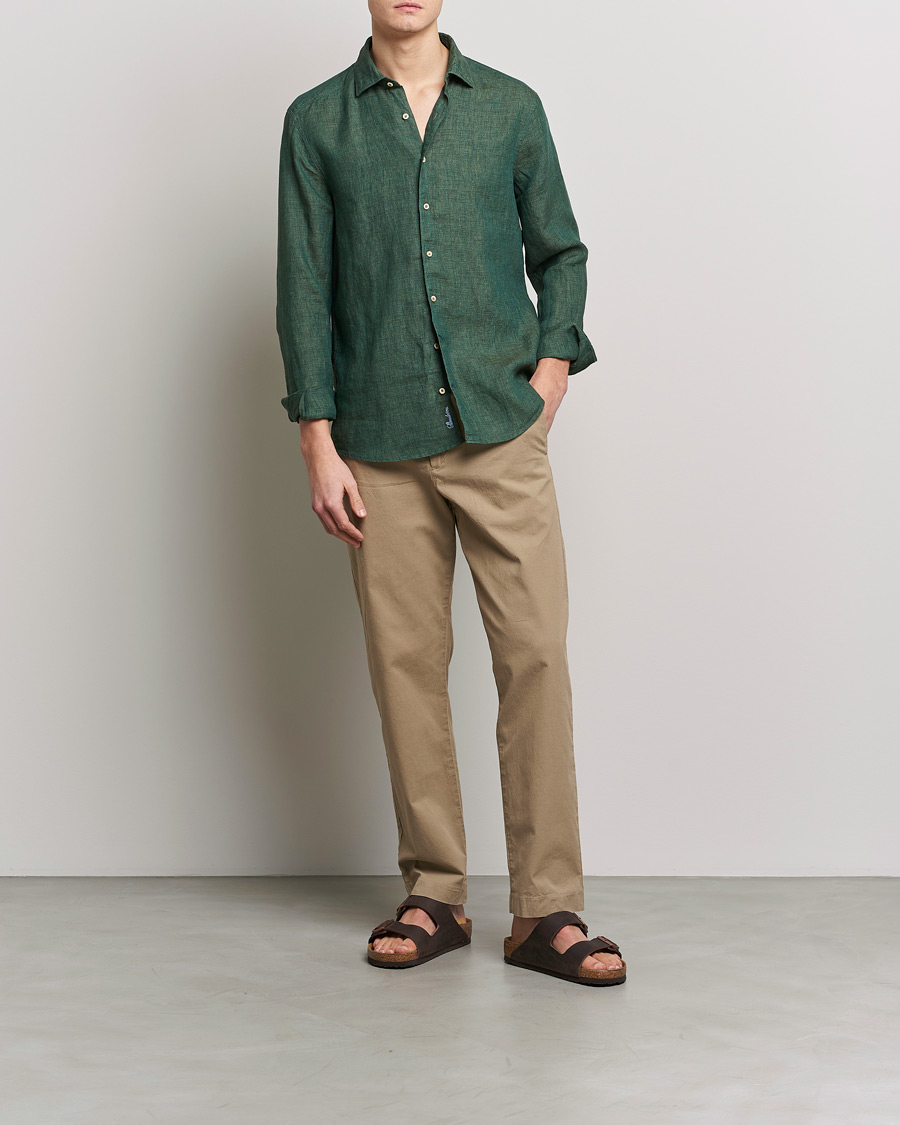 Herren | Hemden | Stenströms | Slimline Cut Away Linen Shirt Dark Green