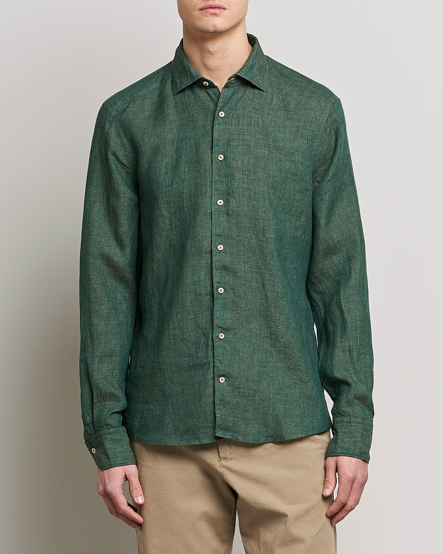 Herren | Freizeithemden | Stenströms | Slimline Cut Away Linen Shirt Dark Green