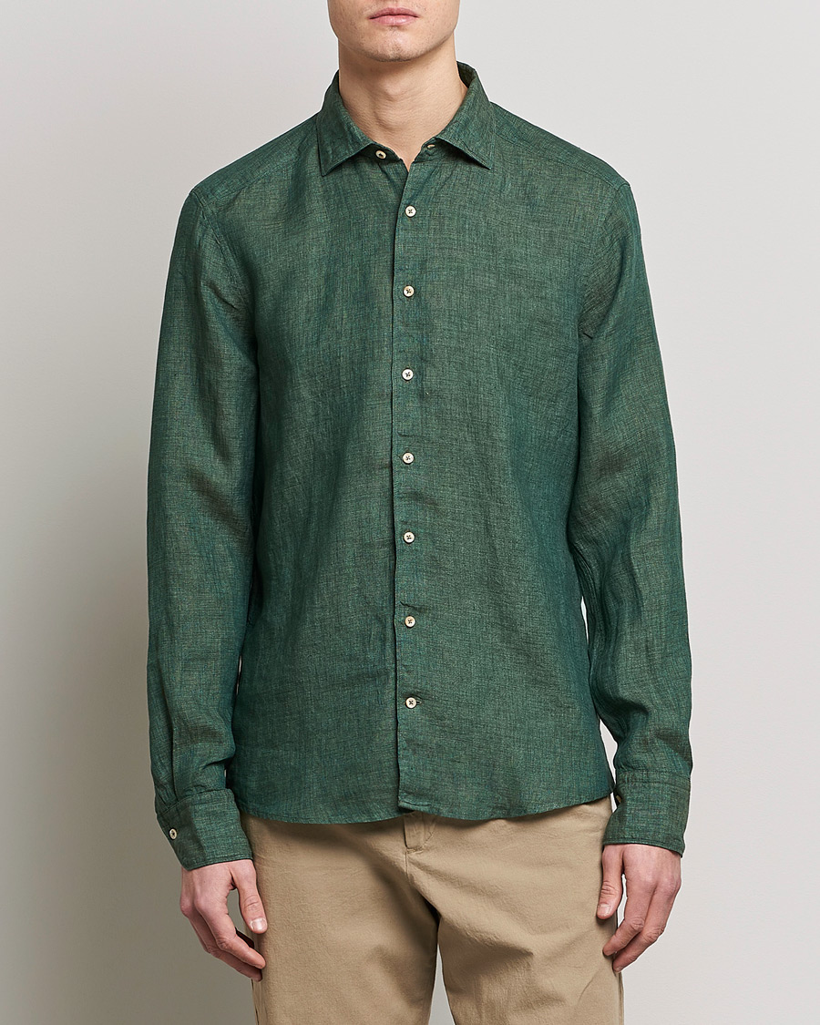 Herren | Hemden | Stenströms | Slimline Cut Away Linen Shirt Dark Green