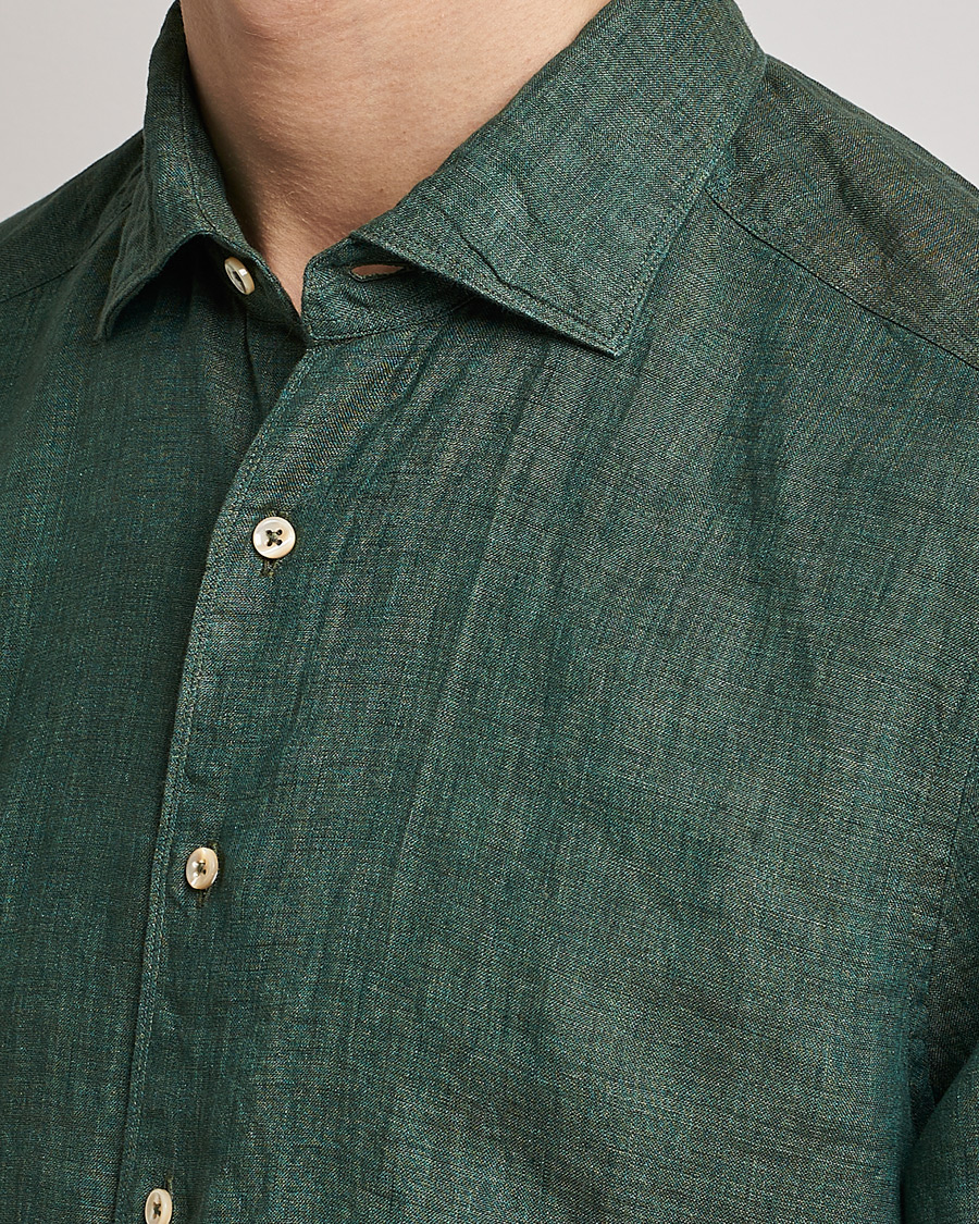 Herren | Hemden | Stenströms | Slimline Cut Away Linen Shirt Dark Green