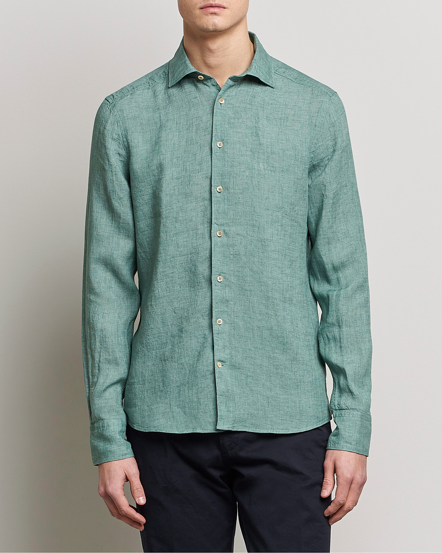 Herren | Hemden | Stenströms | Slimline Cut Away Linen Shirt Deep Green