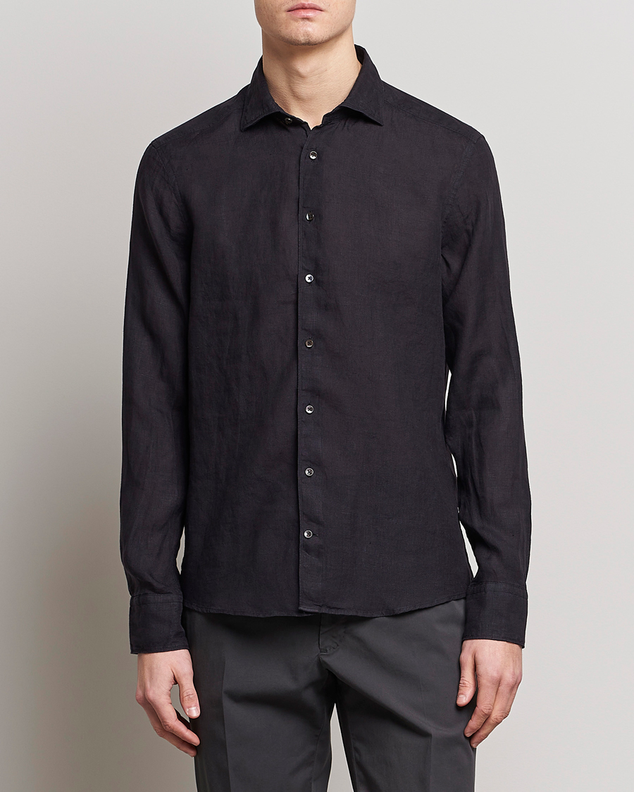 Herren | Leinenhemden | Stenströms | Slimline Cut Away Linen Shirt Black