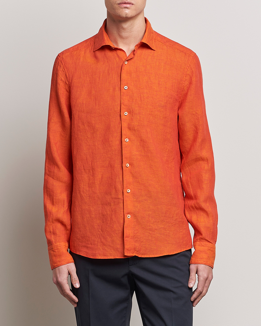 Herren | Hemden | Stenströms | Slimline Cut Away Linen Shirt Orange