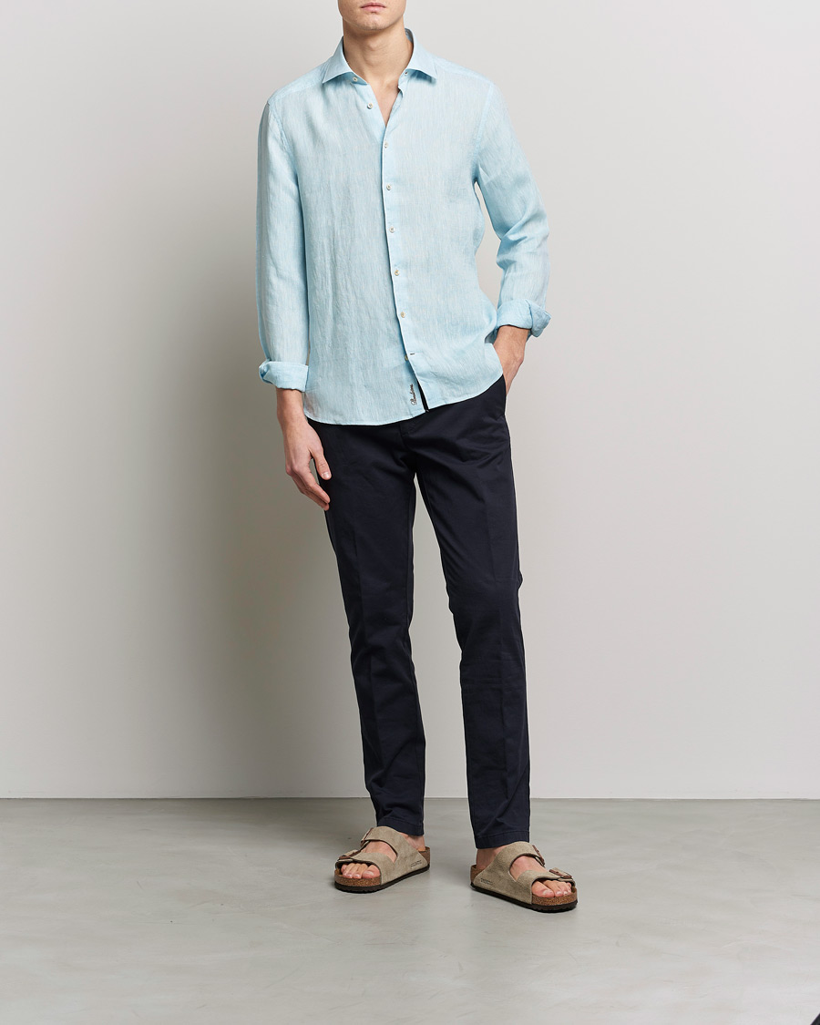 Herren | Hemden | Stenströms | Slimline Cut Away Linen Shirt Turqoise