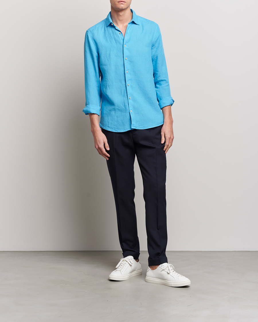 Herren | Hemden | Stenströms | Slimline Cut Away Linen Shirt High Blue