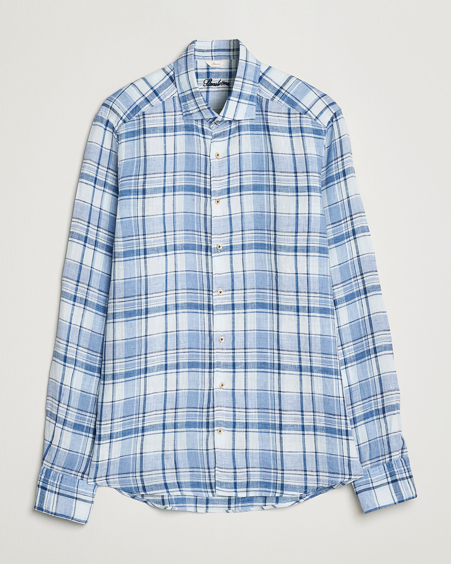 Herren | Hemden | Stenströms | Slimline Cut Away Checked Linen Shirt Blue