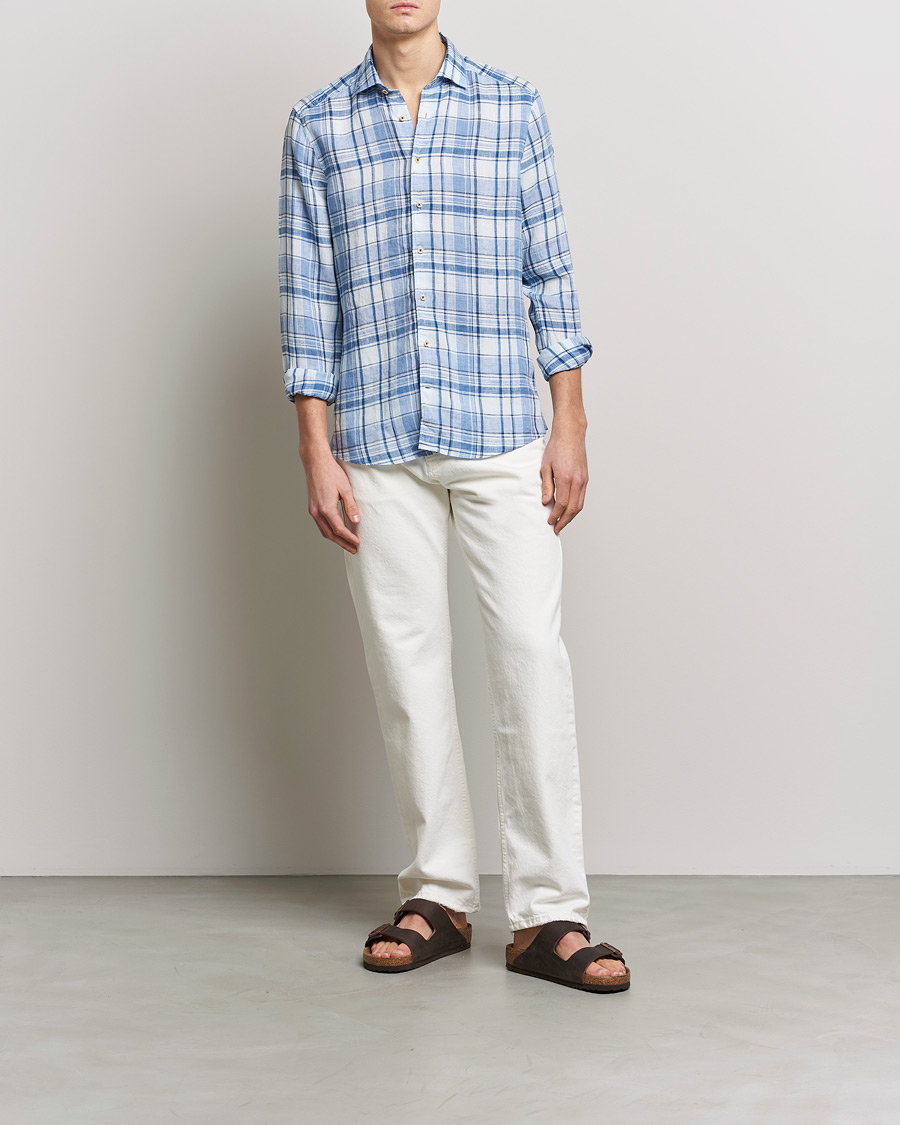 Herren | Hemden | Stenströms | Slimline Cut Away Checked Linen Shirt Blue