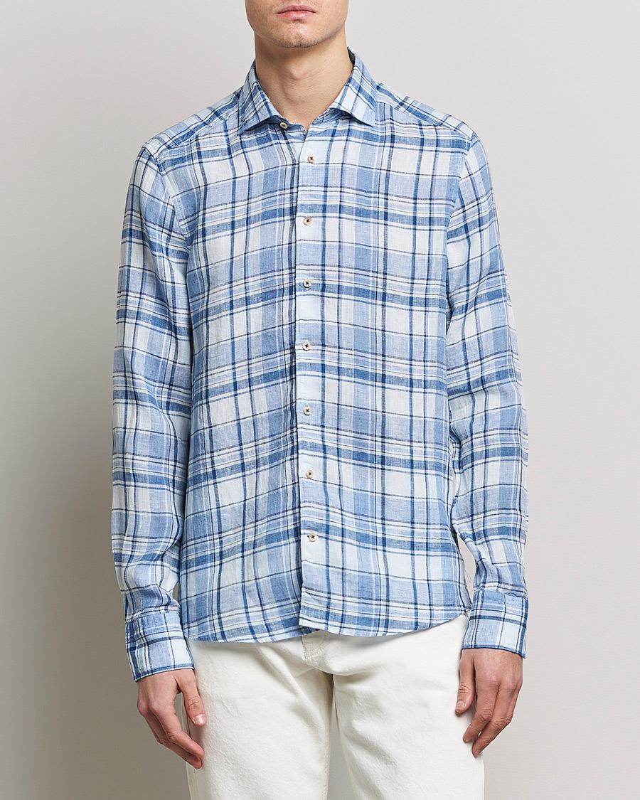 Herren | Hemden | Stenströms | Slimline Cut Away Checked Linen Shirt Blue