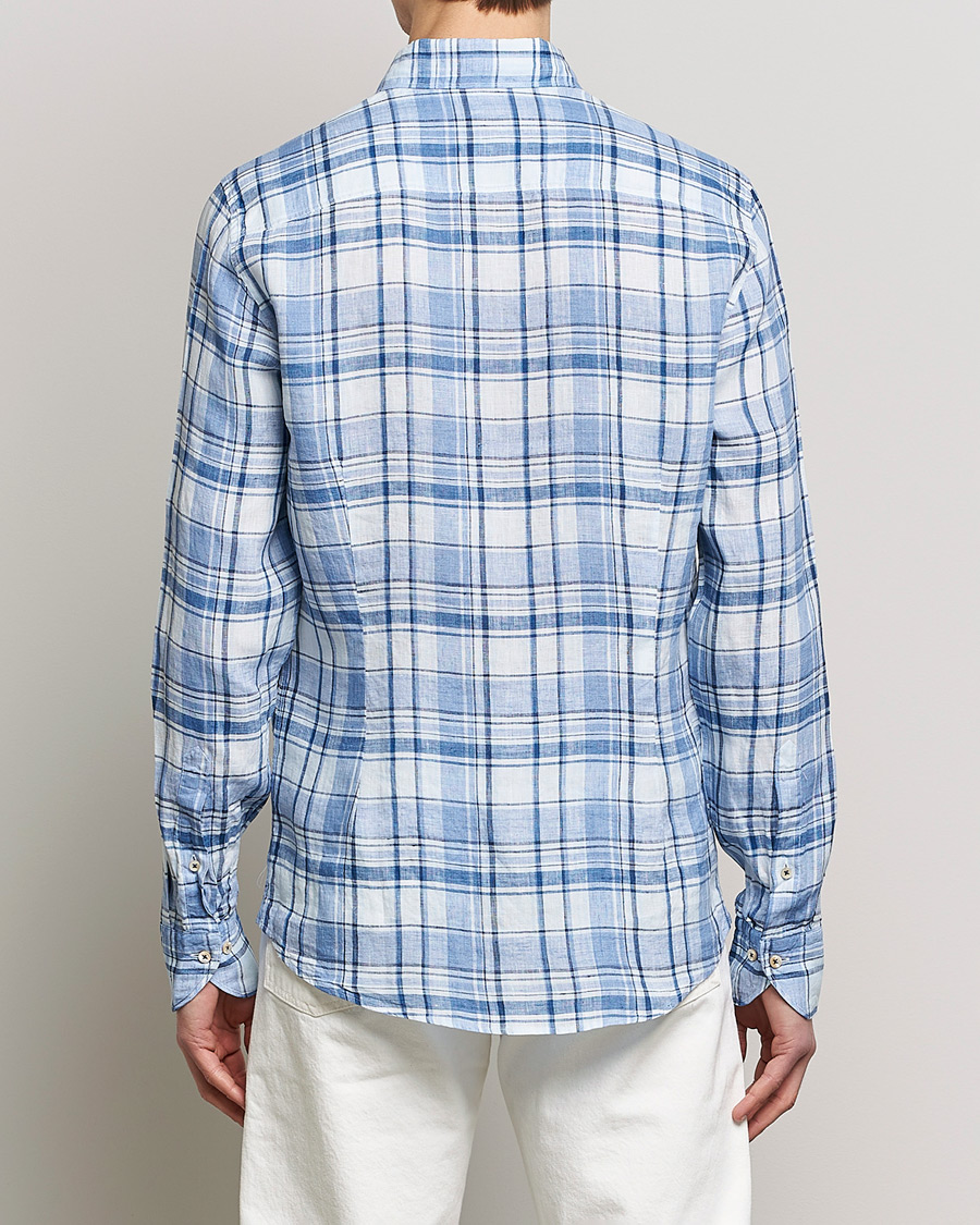 Herren | Hemden | Stenströms | Slimline Cut Away Checked Linen Shirt Blue