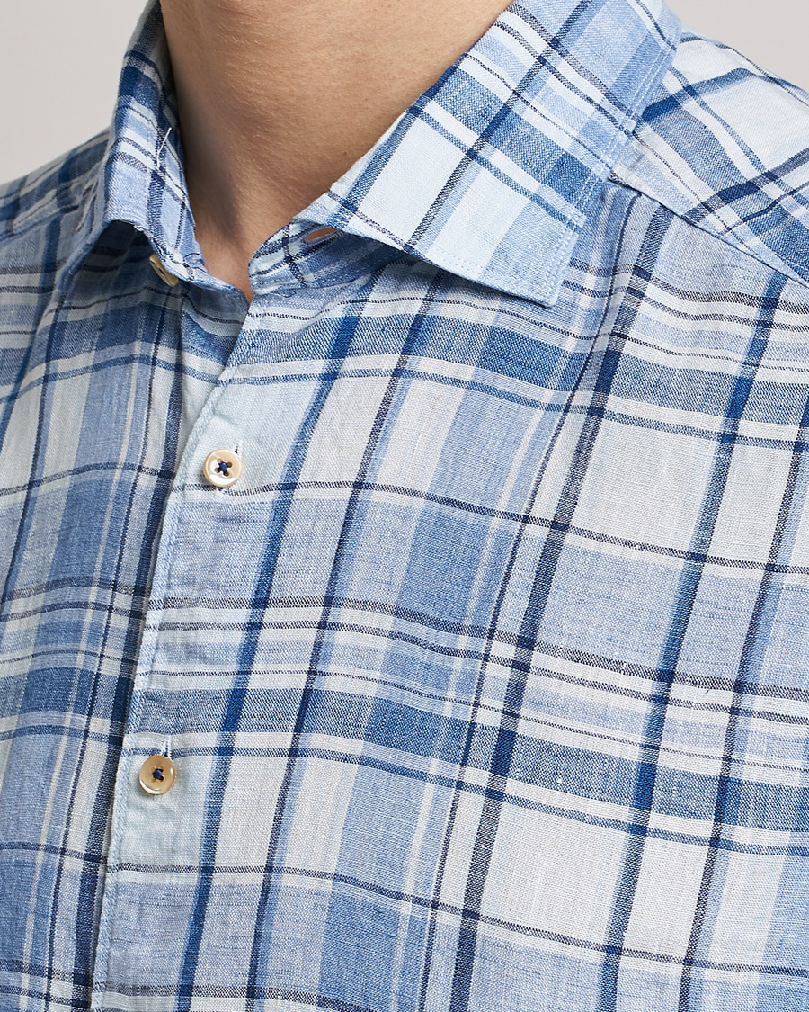 Herren | Hemden | Stenströms | Slimline Cut Away Checked Linen Shirt Blue