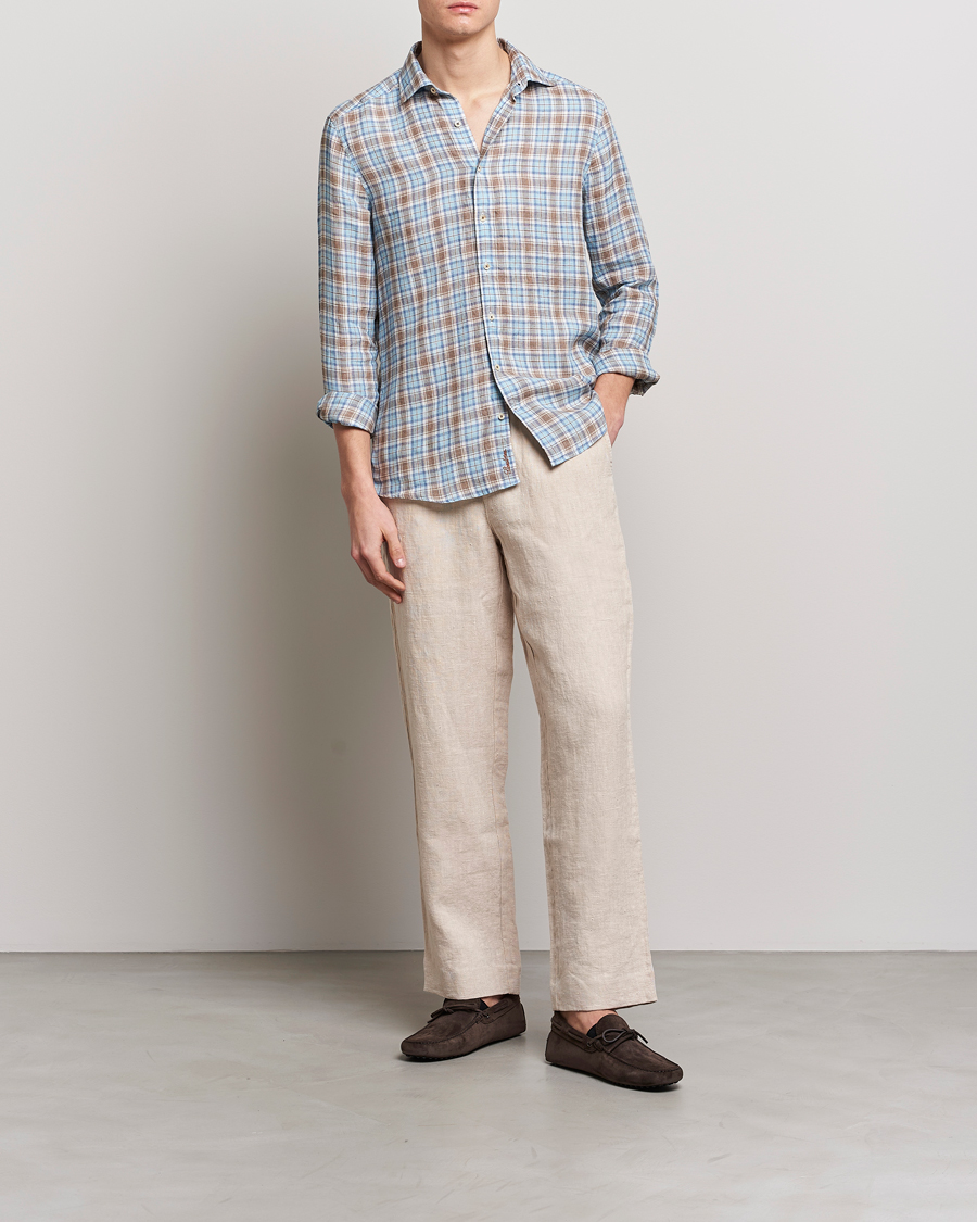 Herren | Hemden | Stenströms | Slimline Cut Away Checked Linen Shirt Blue/Beige