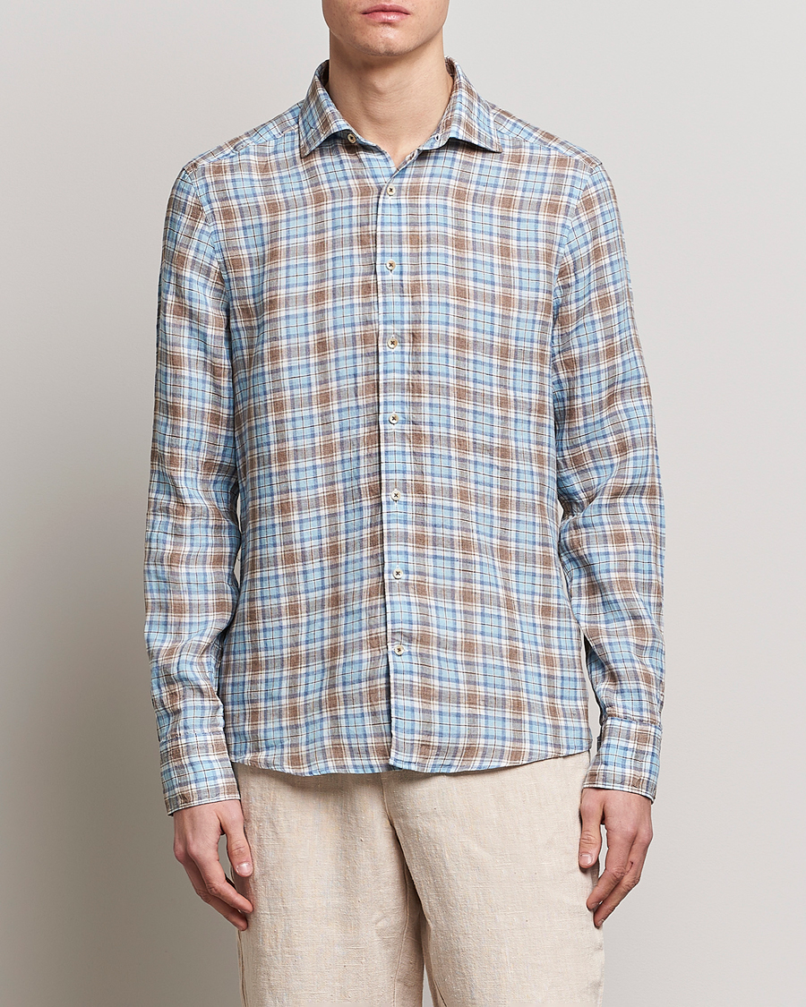 Herren | Hemden | Stenströms | Slimline Cut Away Checked Linen Shirt Blue/Beige