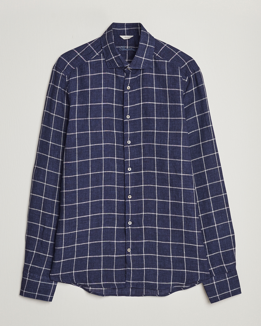 Herren | Hemden | Stenströms | Slimline Cut Away Checked Linen Shirt Dark Blue