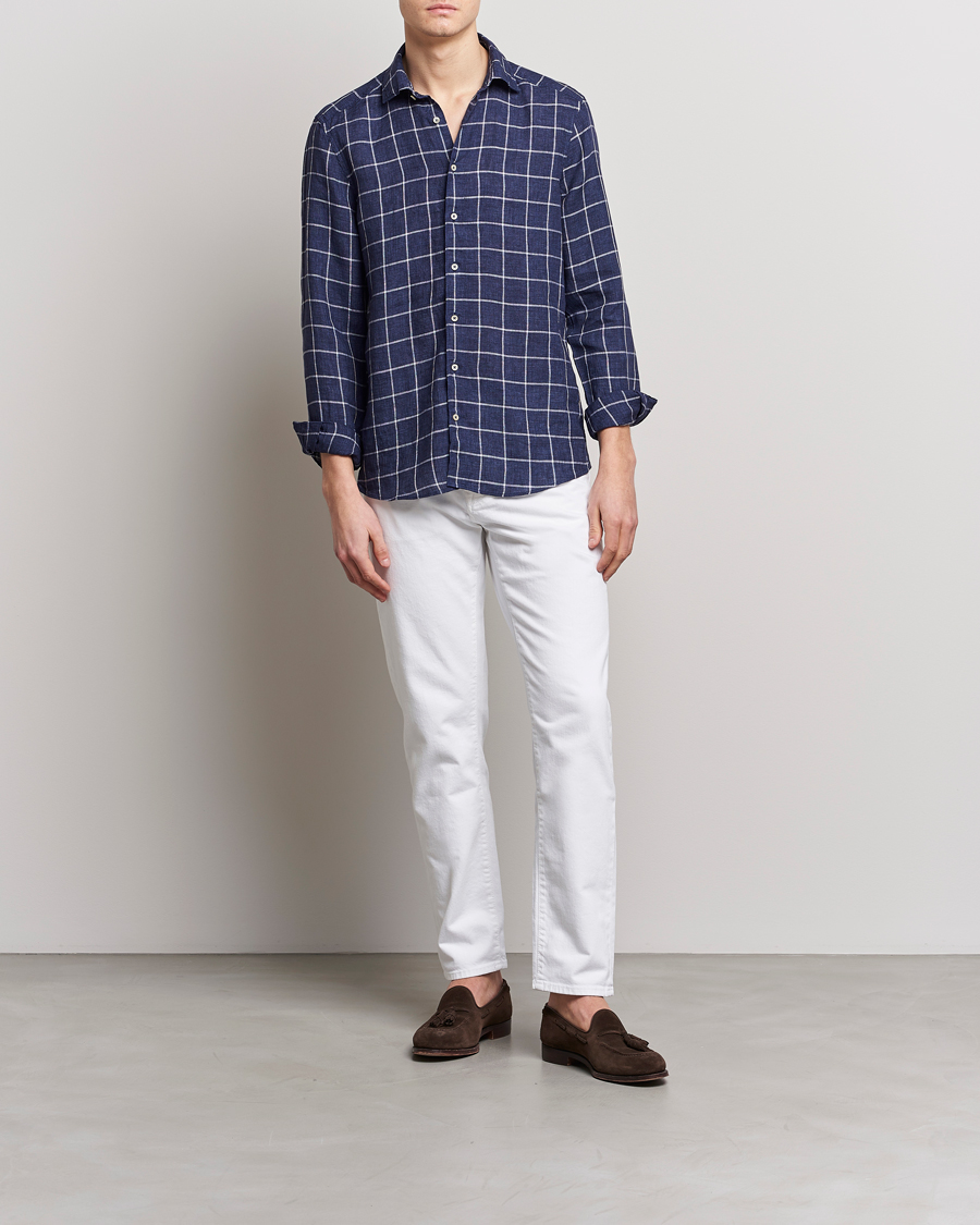 Herren | Hemden | Stenströms | Slimline Cut Away Checked Linen Shirt Dark Blue