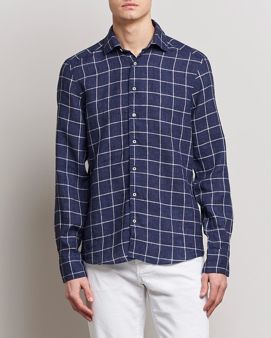 Herren | Hemden | Stenströms | Slimline Cut Away Checked Linen Shirt Dark Blue