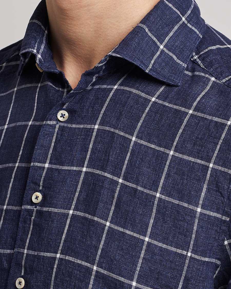 Herren | Hemden | Stenströms | Slimline Cut Away Checked Linen Shirt Dark Blue