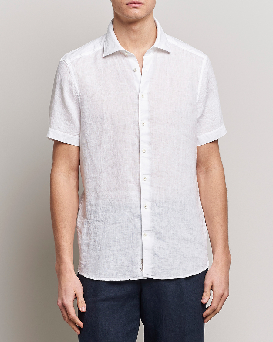 Herren | Hemden | Stenströms | Slimline Cut Away Short Sleeve Linen Shirt White