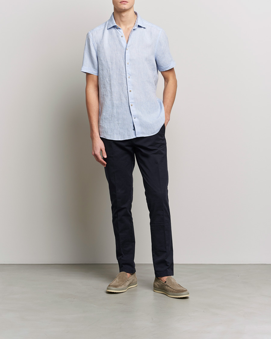 Herren | Hemden | Stenströms | Slimline Cut Away Short Sleeve Linen Shirt Light Blue
