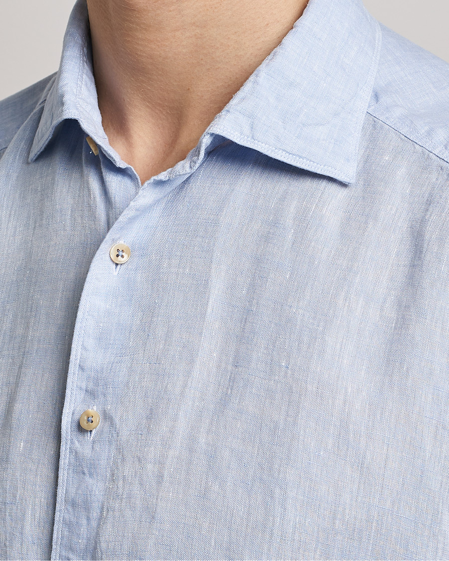 Herren | Hemden | Stenströms | Slimline Cut Away Short Sleeve Linen Shirt Light Blue