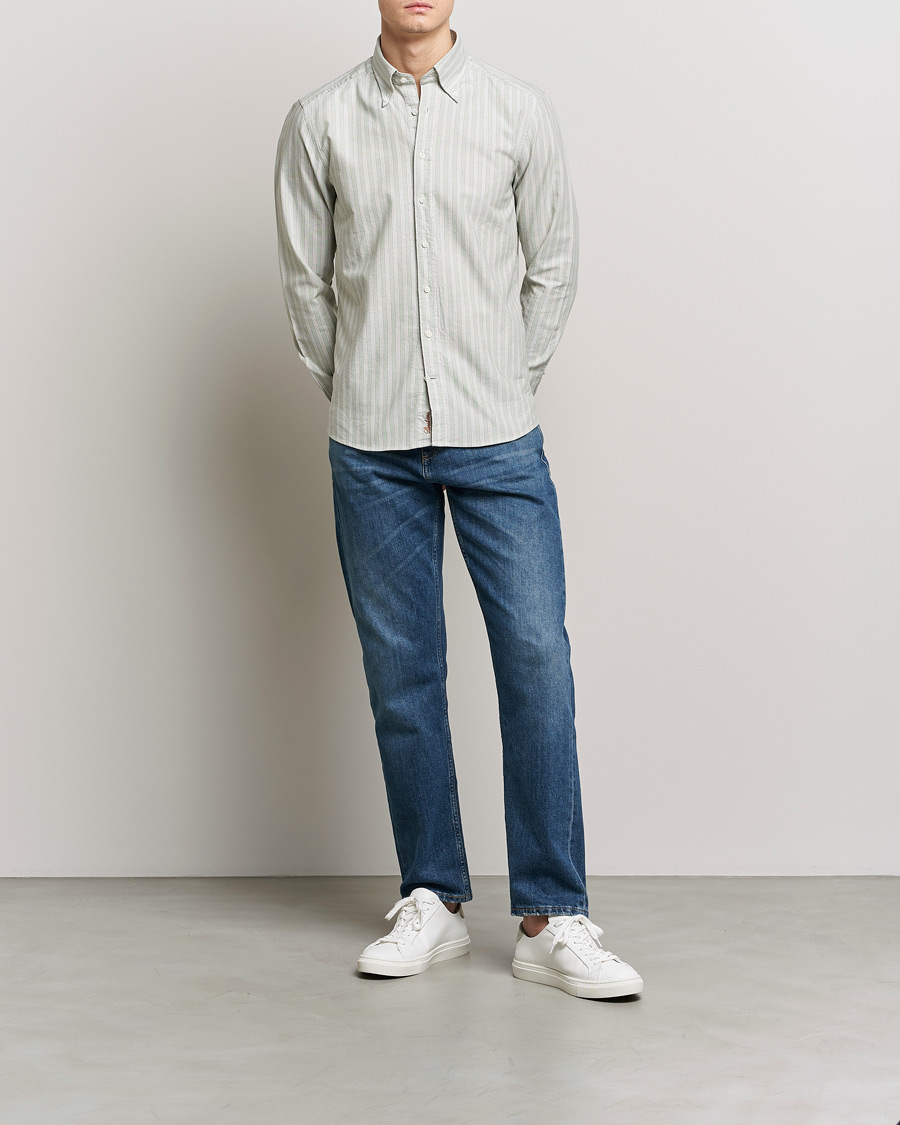 Herren | Hemden | Stenströms | Slimline Washed Striped Oxford Shirt  Pistachio