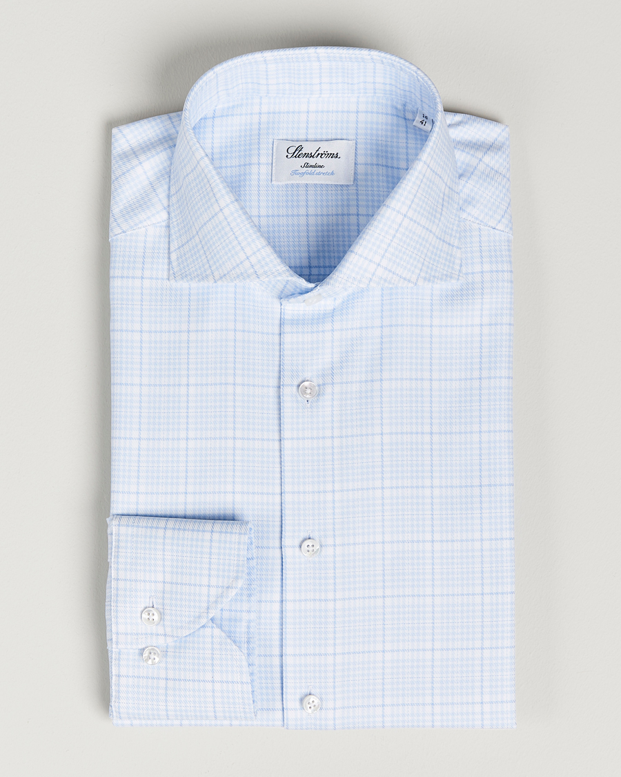 Herren | Hemden | Stenströms | Slimline Multicheck Cut Away Shirt Light Blue