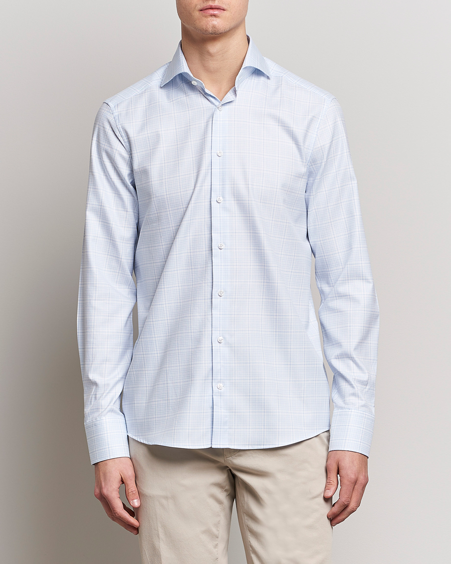 Herren | Hemden | Stenströms | Slimline Multicheck Cut Away Shirt Light Blue