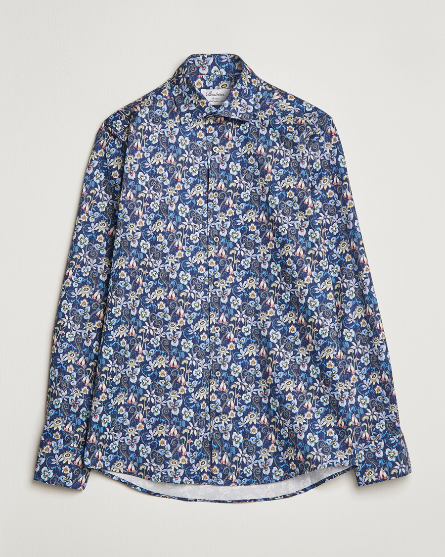 Herren | Hemden | Stenströms | Slimline Cut Away Flower Print Shirt Blue