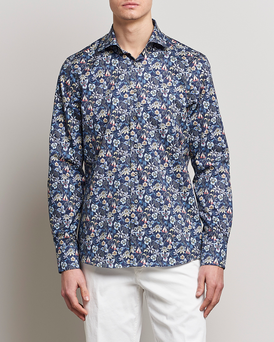 Herren | Hemden | Stenströms | Slimline Cut Away Flower Print Shirt Blue