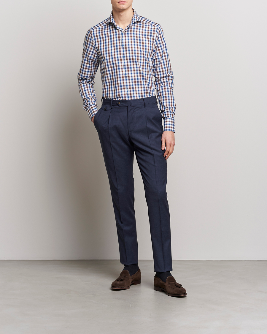Herren | Hemden | Stenströms | Slimline Cut Away Gingham Shirt Brown/Blue