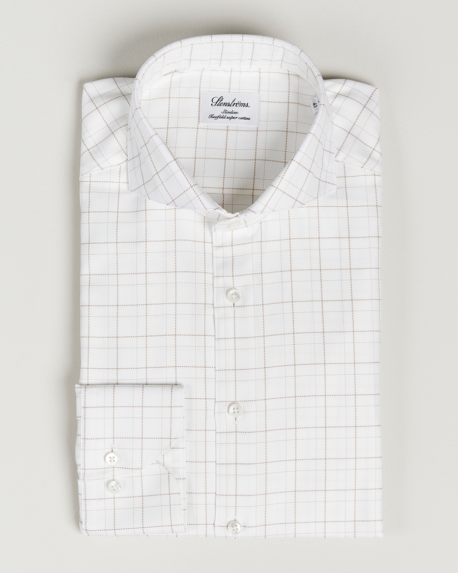 Herren | Hemden | Stenströms | Slimline Cut Away Windowpane Shirt White/Beige