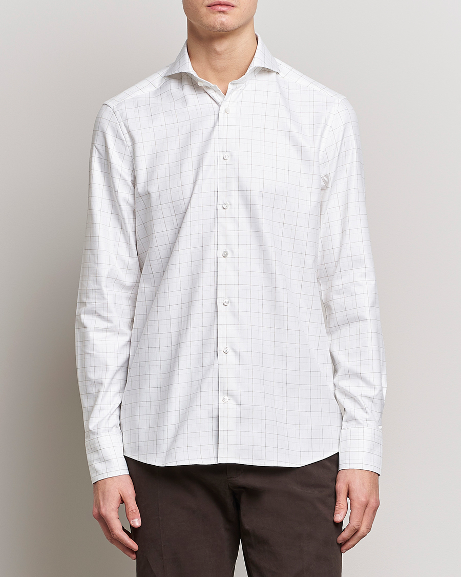 Herren | Hemden | Stenströms | Slimline Cut Away Windowpane Shirt White/Beige
