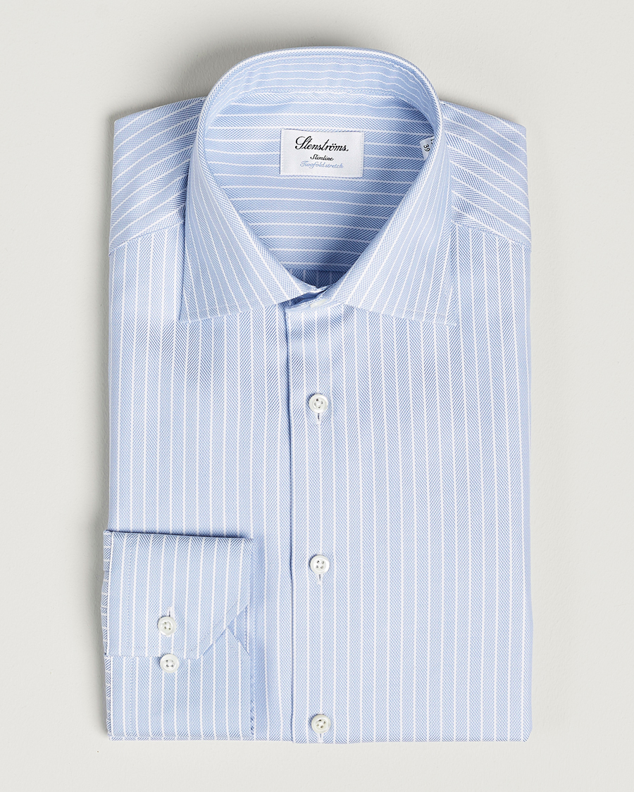 Herren | Hemden | Stenströms | Slimline Cut Away Herringbone Striped Shirt Blue