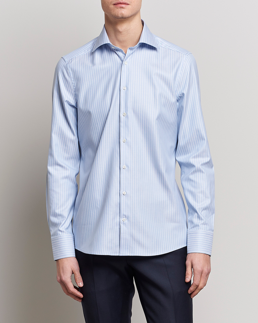 Herren | Hemden | Stenströms | Slimline Cut Away Herringbone Striped Shirt Blue