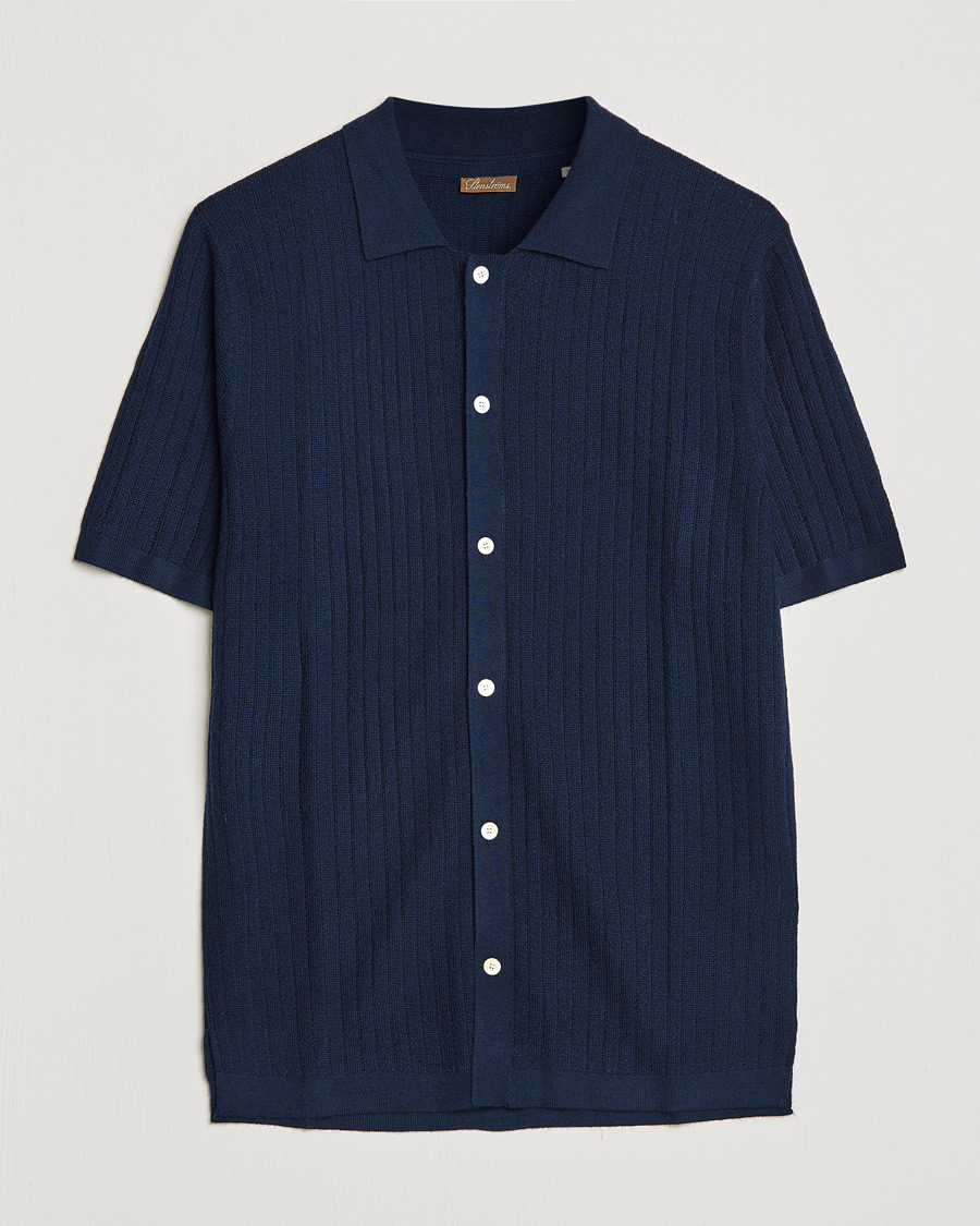 Herren | Poloshirts | Stenströms | Merino/Lyocell Ribbed Buttoned Polo Shirt Navy
