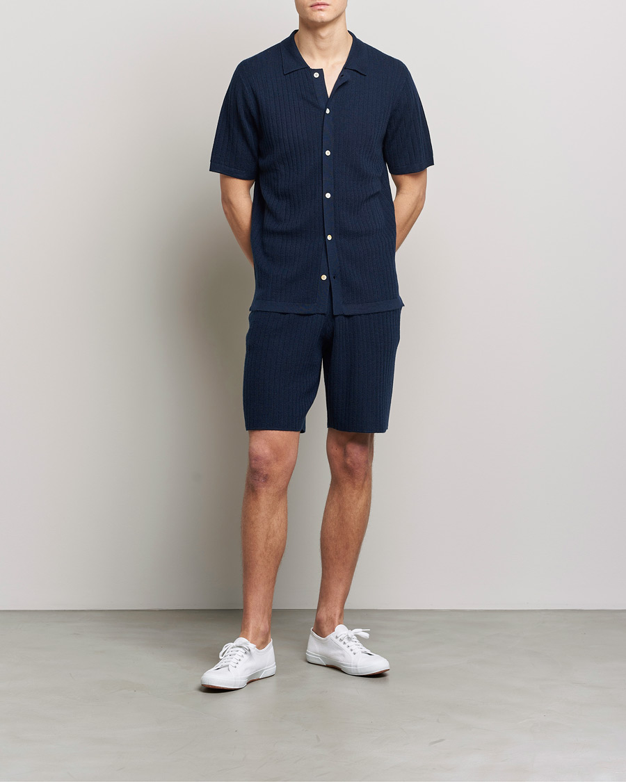 Herren | Poloshirts | Stenströms | Merino/Lyocell Ribbed Buttoned Polo Shirt Navy