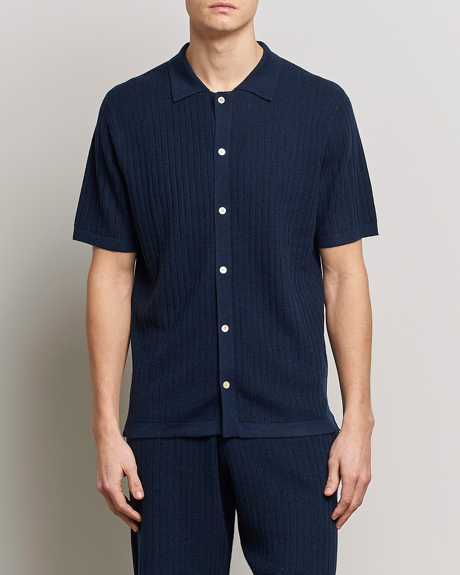 Herren | Poloshirts | Stenströms | Merino/Lyocell Ribbed Buttoned Polo Shirt Navy