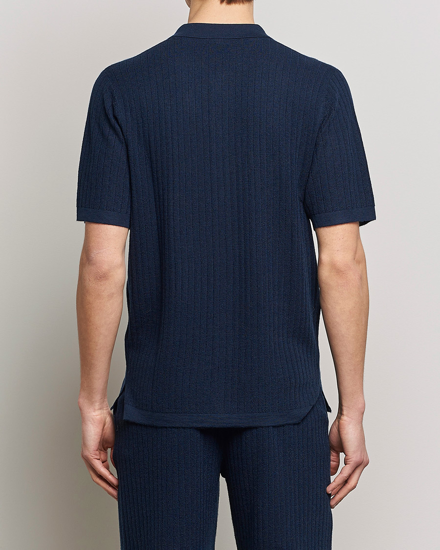Herren | Poloshirts | Stenströms | Merino/Lyocell Ribbed Buttoned Polo Shirt Navy
