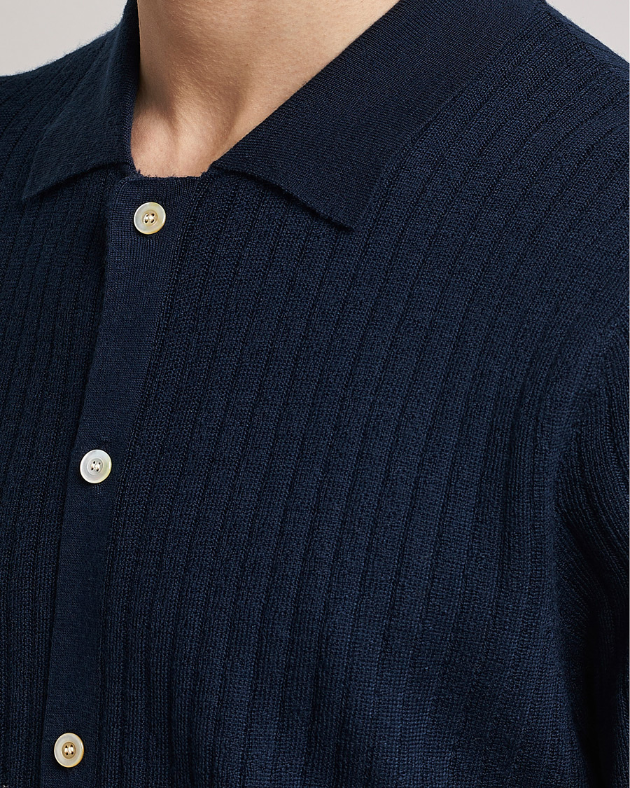 Herren | Poloshirts | Stenströms | Merino/Lyocell Ribbed Buttoned Polo Shirt Navy
