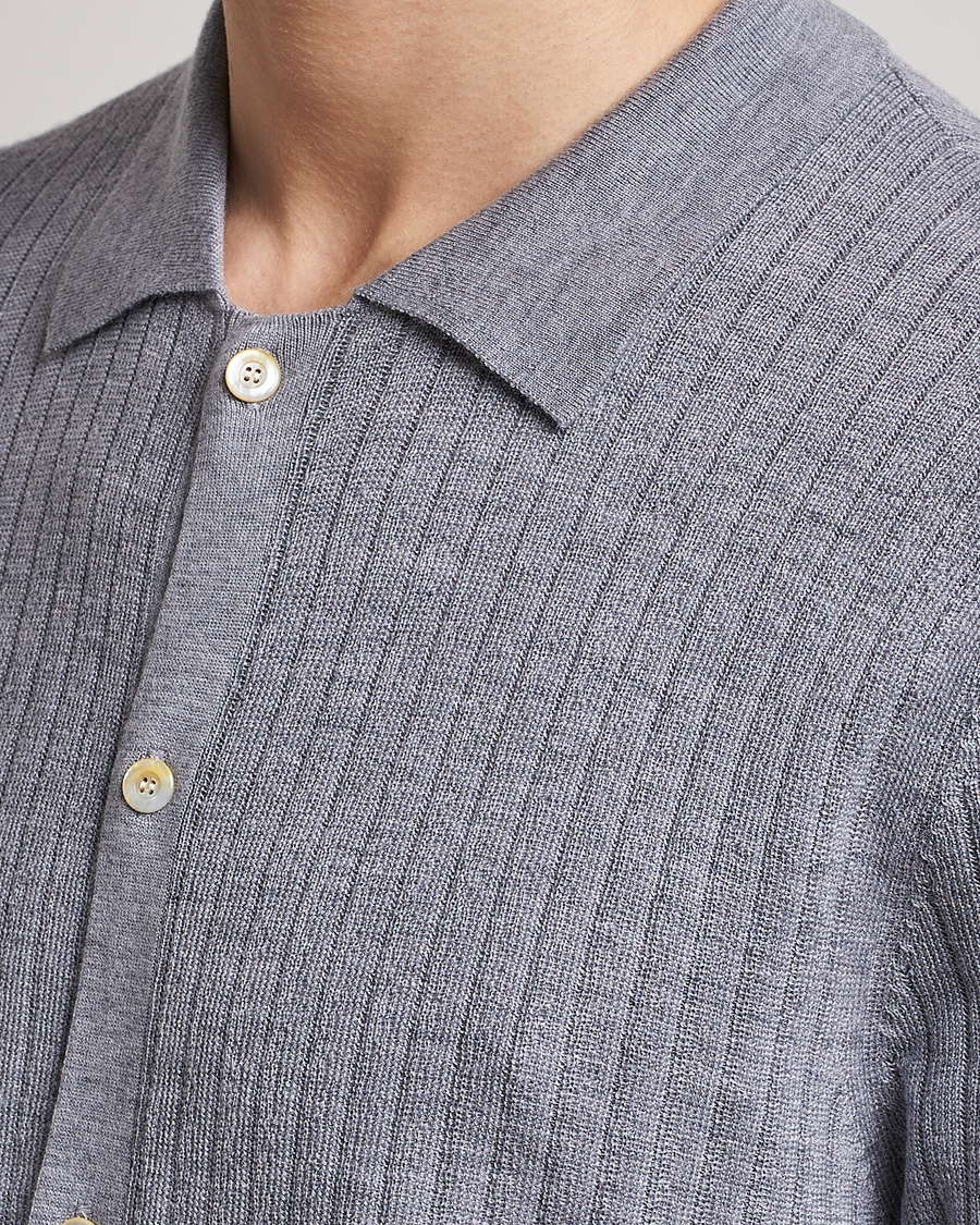 Herren | Poloshirts | Stenströms | Merino/Lyocell Ribbed Buttoned Polo Shirt Grey