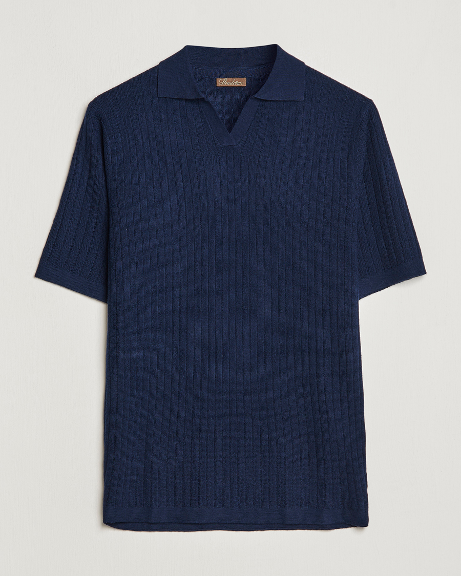 Herren | Poloshirts | Stenströms | Merino/Lyocell Ribbed Open Collar Polo Navy